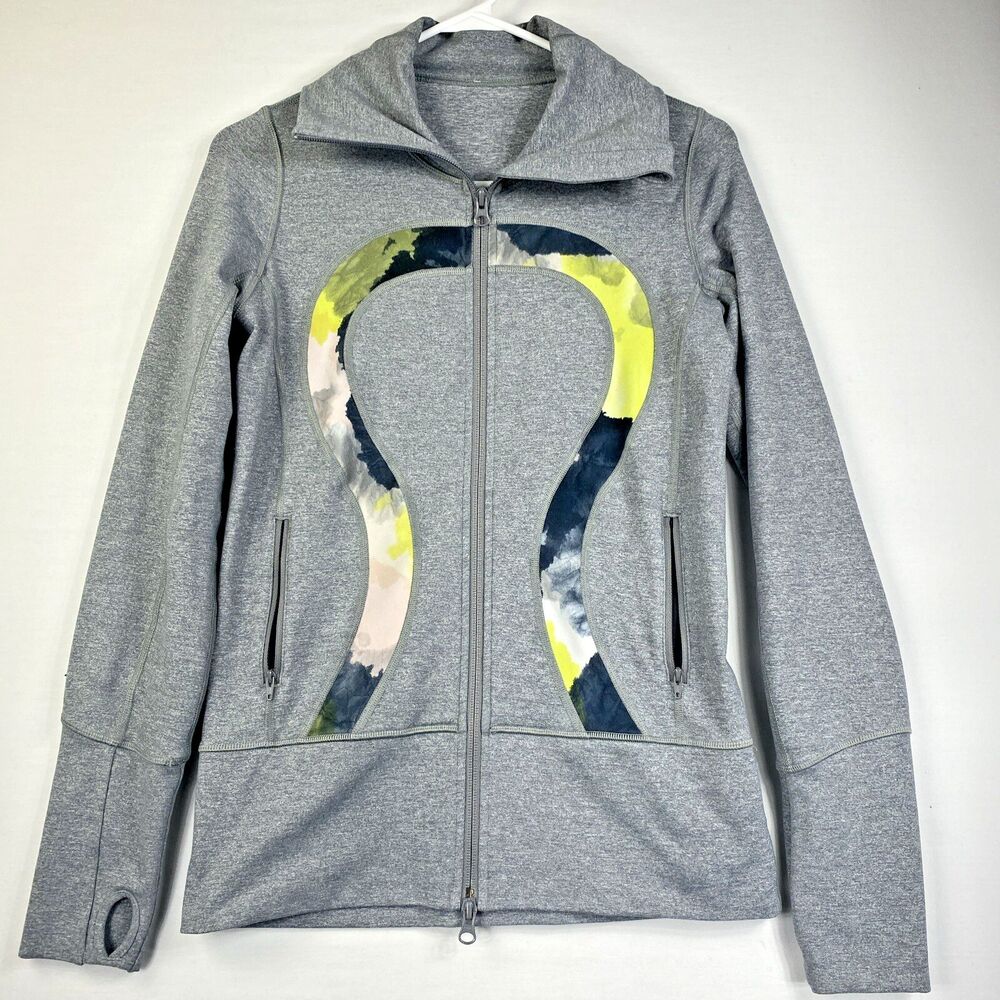 Lululemon Womens  Size 4 Athletic Jacket Full Zip Gray with Yellow Thumbhole